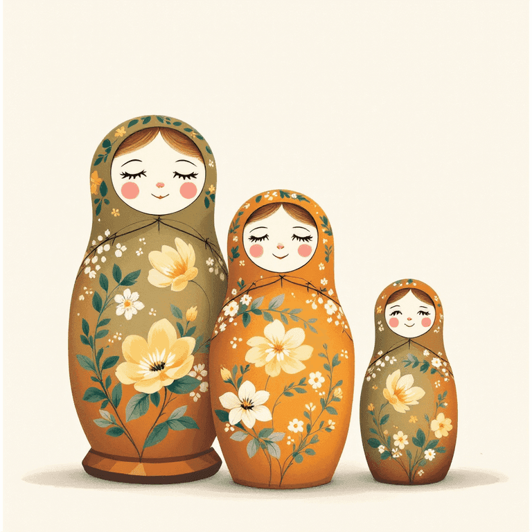 Three painted Russian matryoshka nesting dolls of increasing size, shown slightly open so each smaller doll is visible inside the next โ representing N โ Z โ Q.