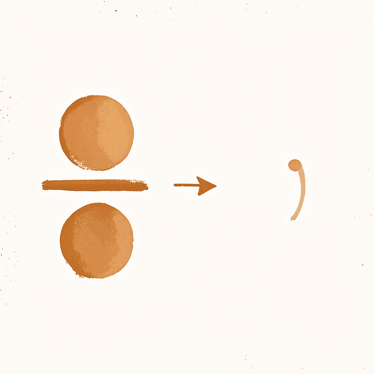 A painted fraction bar on the left transforming via an arrow into a decimal number on the right, with faint long-division scaffolding behind it.