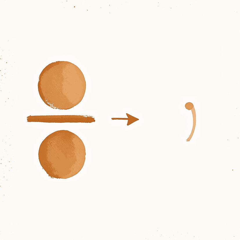 A painted fraction bar on the left transforming via an arrow into a decimal number on the right, with faint long-division scaffolding behind it.