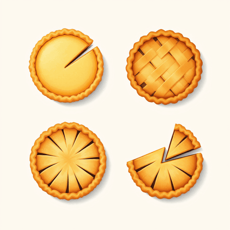 Four painted circular pies in a row showing each fraction type: a unit-fraction pie (1 small slice shaded), a proper-fraction pie (several slices shaded), an improper-fraction pie (a whole pie plus extra slices), and a mixed-number pie (a full pie beside a partial pie).