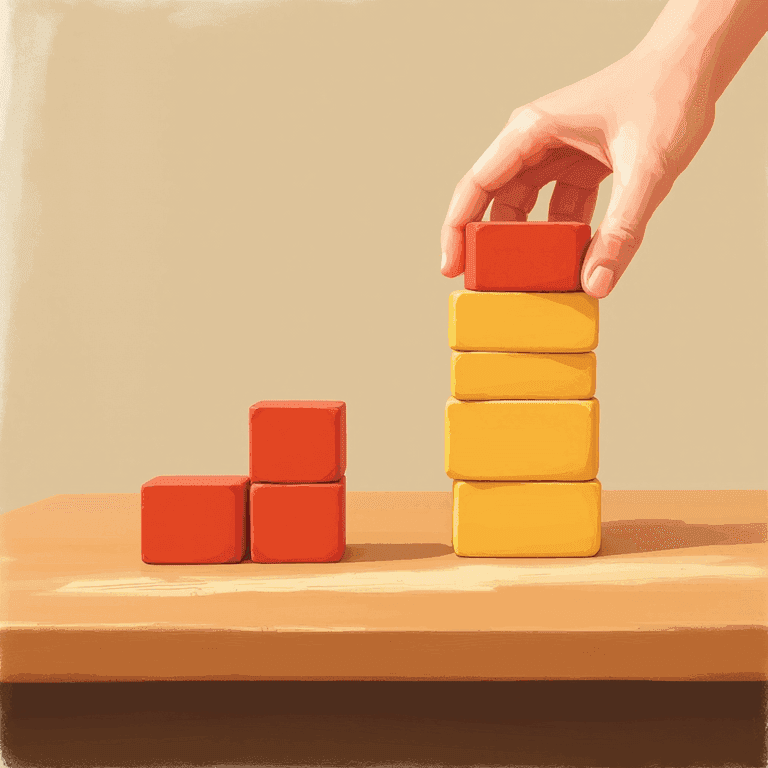 A painted illustration of small wooden toy building blocks on a polished oak table โ three short red blocks stacked on the left being gently scooped together with seven more red blocks of identical size from the right into a single combined red stack of ten, while a separate stack of yellow blocks of obviously different shape stands untouched beside them. Painterly soft edges, warm honey-amber light, classical toy-maker aesthetic, NO numbers or text or markings of any kind on any block.