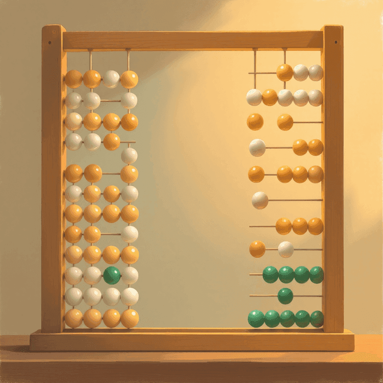 A painted illustration of two vertical bead-towers of small polished round beads aligned against a central wooden post โ one bead is shown mid-air being passed downward from a high position in the right tower into an empty notch lower in the same column, suggesting transfer between rows. Painterly soft edges, warm amber lamplight, classical-abacus aesthetic, NO numbers or text or markings of any kind.