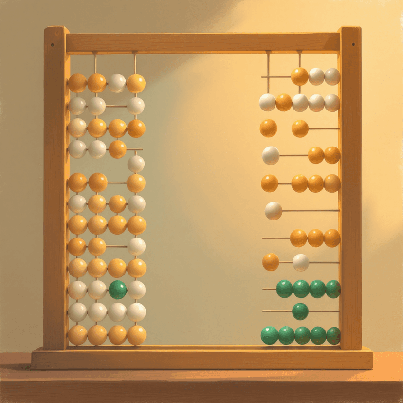 A painted illustration of two vertical bead-towers of small polished round beads aligned against a central wooden post โ one bead is shown mid-air being passed downward from a high position in the right tower into an empty notch lower in the same column, suggesting transfer between rows. Painterly soft edges, warm amber lamplight, classical-abacus aesthetic, NO numbers or text or markings of any kind.