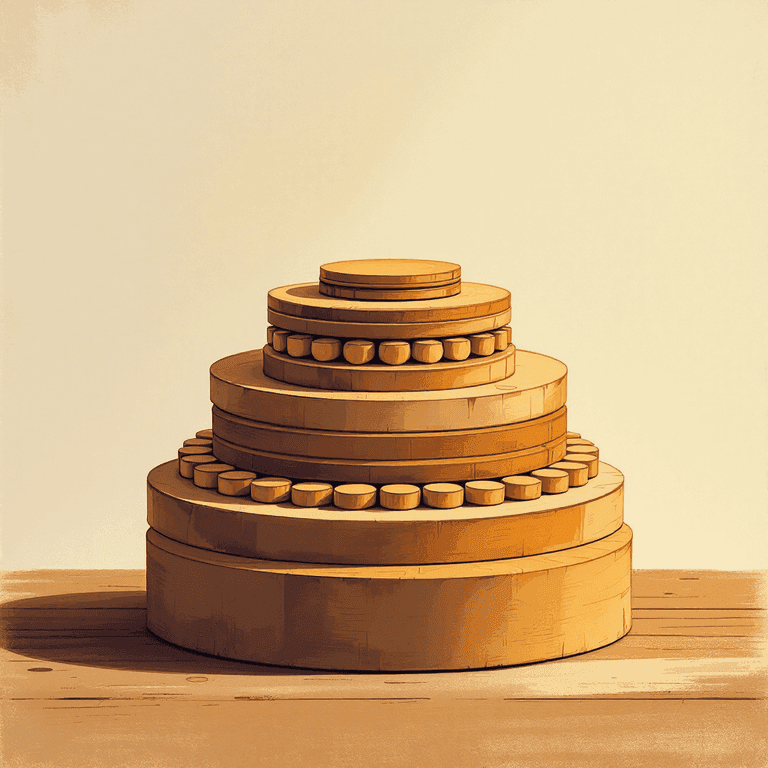 A painted illustration of three rising wooden tiers stacked like a stair-step display, each tier holding small round polished wooden discs — the bottom tier holds a single disc, the middle tier holds a tight cluster of about ten discs, the top tier holds a dense spiral of many many more discs (visibly far more than ten), each tier obviously holding ten times the count below it. Soft amber lamplight, painterly brushwork, classical-mathematician's-display aesthetic, NO numbers or text on any disc.