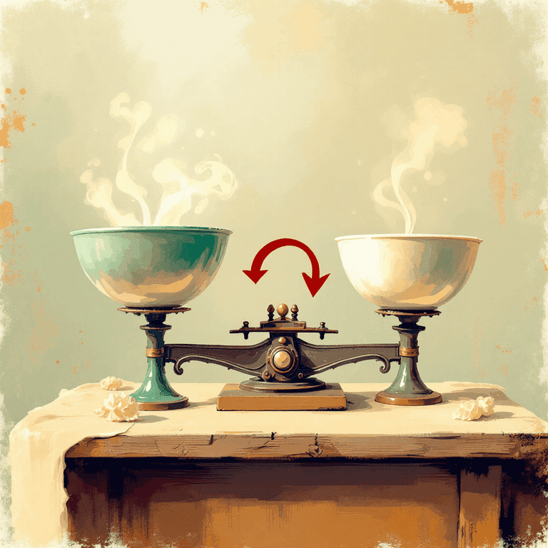 A soft cream-white painted illustration of two old balance-scale pans, one labeled 'feet' and one labeled 'inches,' with an arrow showing both being poured into a single unified container — warm scholarly tones.