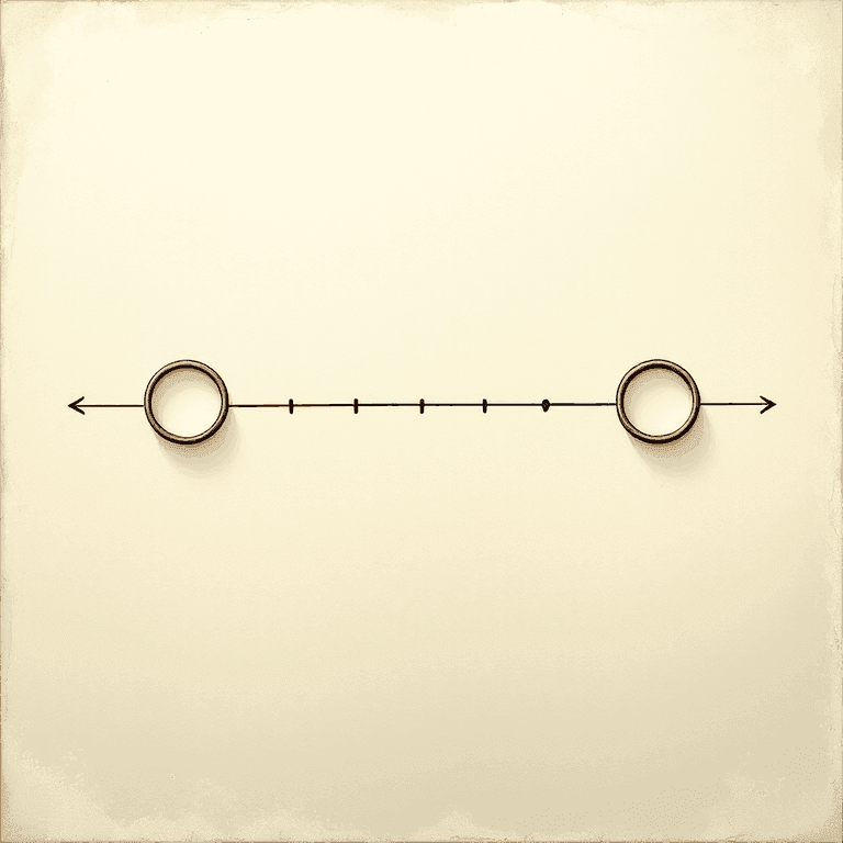 A soft cream-white painted illustration of a classical number line with two open hollow circles at labeled endpoints and a shaded arc between them โ ink-on-parchment style with warm scholarly tones.