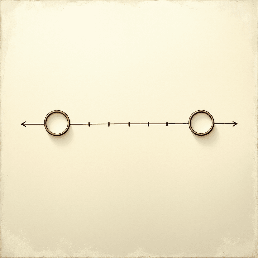 A soft cream-white painted illustration of a classical number line with two open hollow circles at labeled endpoints and a shaded arc between them โ ink-on-parchment style with warm scholarly tones.