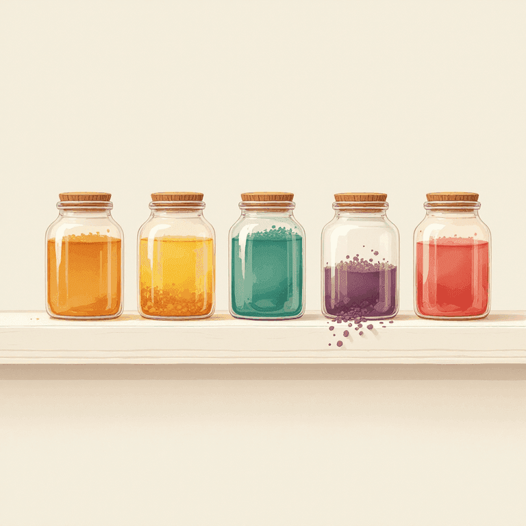 A soft cream-white painted illustration of an apothecary shelf with five distinct glass jars in a row, each holding a different colored substance (pale gold, deep amber, soft emerald, sky blue, warm rose), each jar separate and never mingled, warm candlelight, classical-education aesthetic, no labels or text.