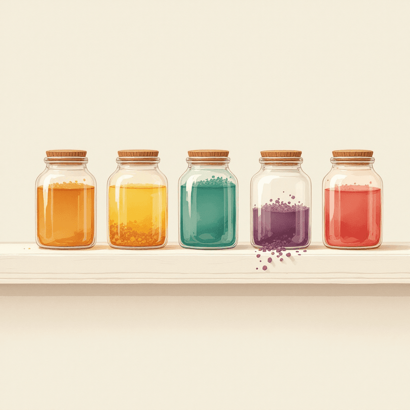 A soft cream-white painted illustration of an apothecary shelf with five distinct glass jars in a row, each holding a different colored substance (pale gold, deep amber, soft emerald, sky blue, warm rose), each jar separate and never mingled, warm candlelight, classical-education aesthetic, no labels or text.