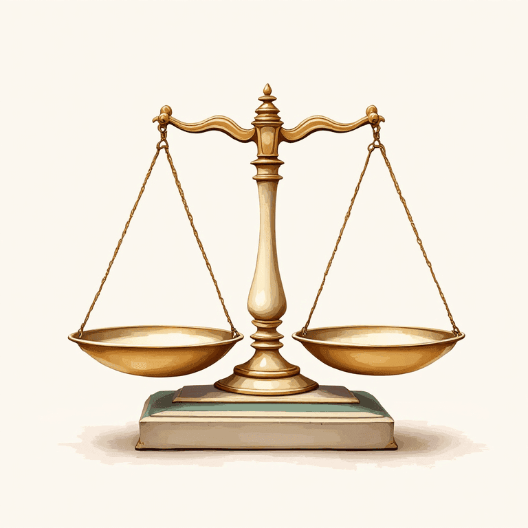 A soft cream-white painted illustration of two antique balance scales side by side, each holding a simplified expression on its pan, tipped slightly to show which side is heavier โ warm parchment tones, classical scholarly aesthetic.