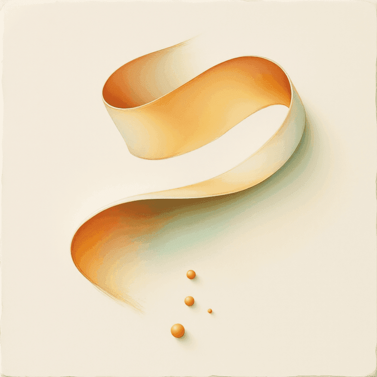 A soft cream-white painted illustration of a single large flowing painted ribbon shape suggesting a folded scroll loop, with three small painted dots cascading downward below it like falling beads gathering at the bottom โ ink-on-parchment with warm scholarly tones, no text or letters.