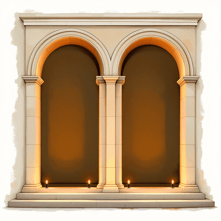 A soft cream-white painted illustration of two mirror-image archways side by side โ one labeled (a + b) and one (a โ b) โ their combined arch forming a doubled base, classical stone rendering with warm candlelight.