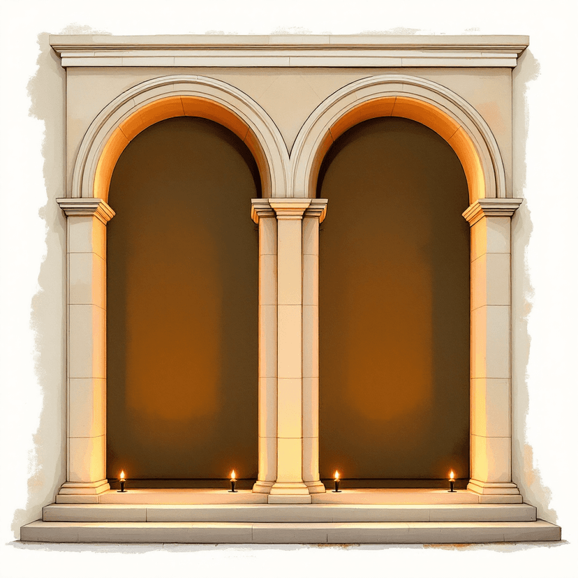 A soft cream-white painted illustration of two mirror-image archways side by side โ one labeled (a + b) and one (a โ b) โ their combined arch forming a doubled base, classical stone rendering with warm candlelight.