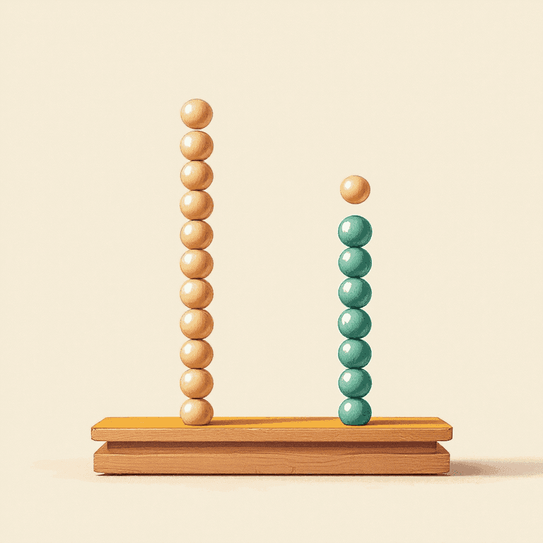A painted illustration of two vertical bead-towers of small polished round beads aligned precisely against a central wooden post โ the towers are arranged side-by-side and exactly the same height โ with one extra small bead floating just above the top of the left tower as if it has been lifted up out of one column to make room in the next. Painterly soft edges, warm amber lamplight, classical-abacus aesthetic, NO numbers or text or markings on the post or beads.