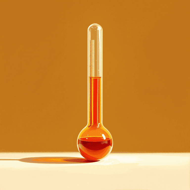 A tall painted classical mercury thermometer standing against a warm amber background, with a red mercury column rising from a low point to near the top of the bulb, and a soft painted curly bracket beside the column highlighting the height the mercury has climbed — classical-education aesthetic, no text, no numbers.