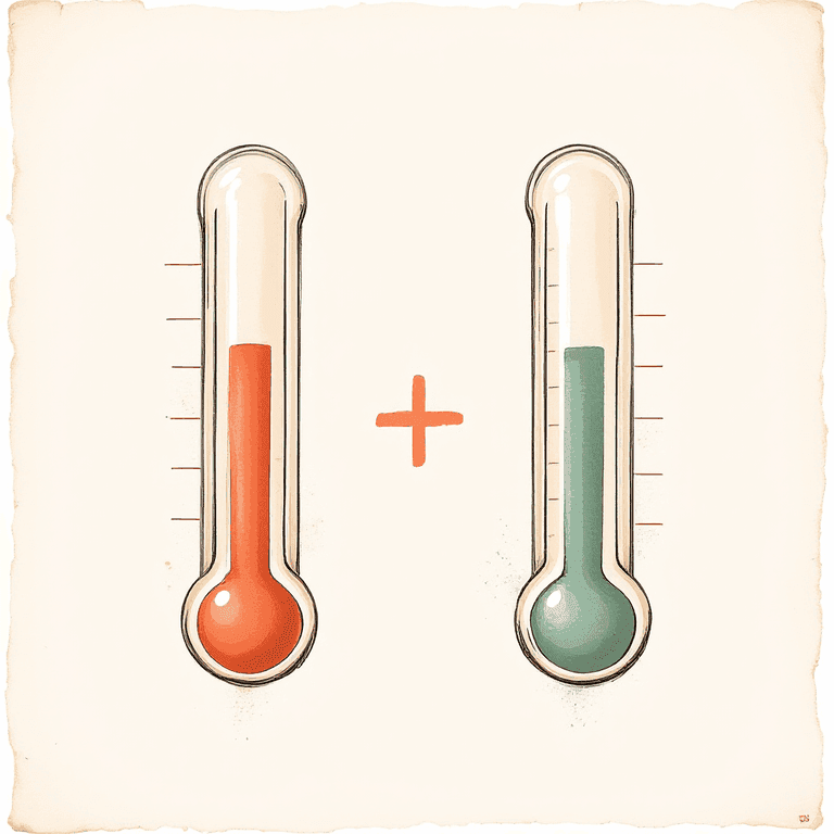A painted illustration of two small classical thermometers side by side — one with its red column at a partial height, one with its column at a slightly higher partial height — connected by a soft painted plus sign in between, and a single combined thermometer drawn to the right showing the summed level. Warm parchment background, no text or numbers.