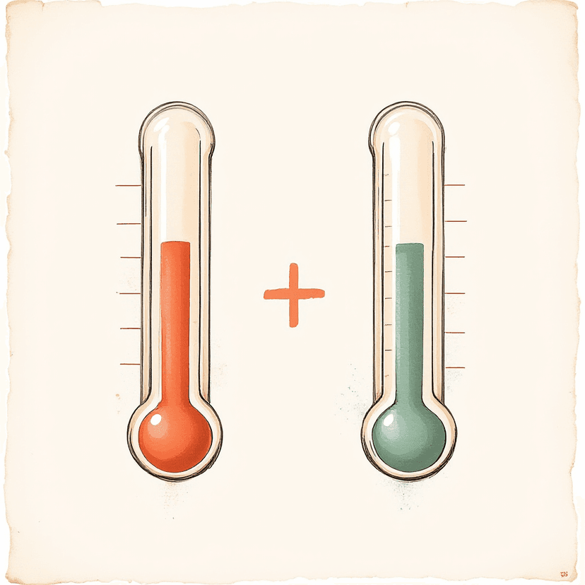 A painted illustration of two small classical thermometers side by side — one with its red column at a partial height, one with its column at a slightly higher partial height — connected by a soft painted plus sign in between, and a single combined thermometer drawn to the right showing the summed level. Warm parchment background, no text or numbers.