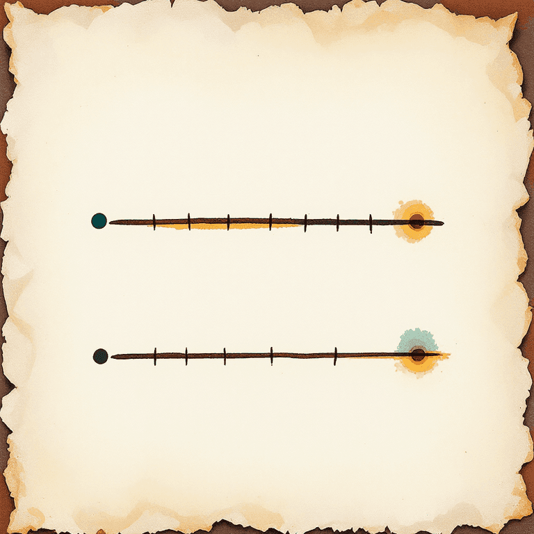 A painted number line on parchment paper showing two examples stacked one above the other: the upper line has a small filled solid dot near the right end with painted soft amber shading extending rightward; the lower line has a small open hollow circle near the right end with painted soft amber shading extending rightward. The visual contrast between the filled solid dot and the hollow circle is the focal point — no text or numbers.