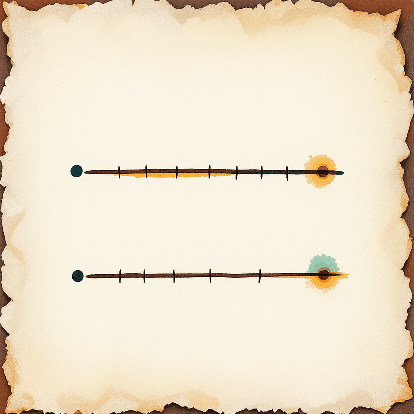 A painted number line on parchment paper showing two examples stacked one above the other: the upper line has a small filled solid dot near the right end with painted soft amber shading extending rightward; the lower line has a small open hollow circle near the right end with painted soft amber shading extending rightward. The visual contrast between the filled solid dot and the hollow circle is the focal point — no text or numbers.