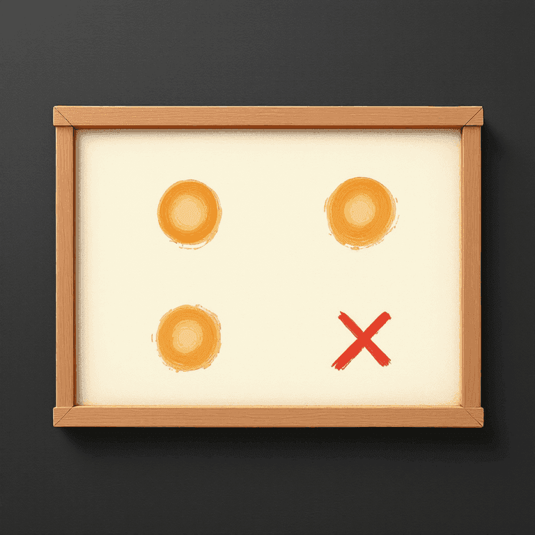 A painted classical chalkboard with four small abstract painted glyph-like shapes arranged in a 2-by-2 grid — two of the shapes have soft green painted circles drawn around them, the other two have soft red painted X marks beside them. Warm chalk tones on dark slate, classical-education aesthetic, no readable text.