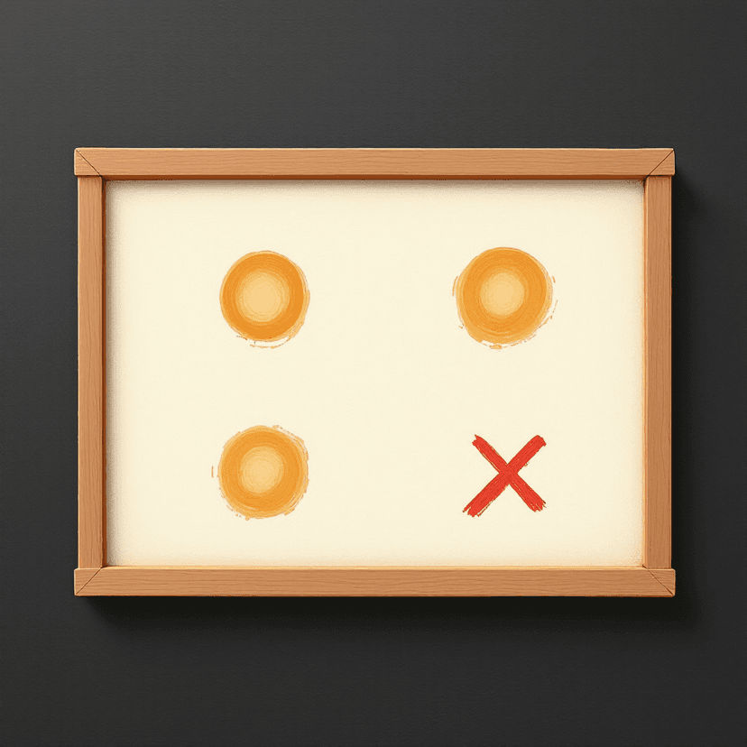 A painted classical chalkboard with four small abstract painted glyph-like shapes arranged in a 2-by-2 grid — two of the shapes have soft green painted circles drawn around them, the other two have soft red painted X marks beside them. Warm chalk tones on dark slate, classical-education aesthetic, no readable text.