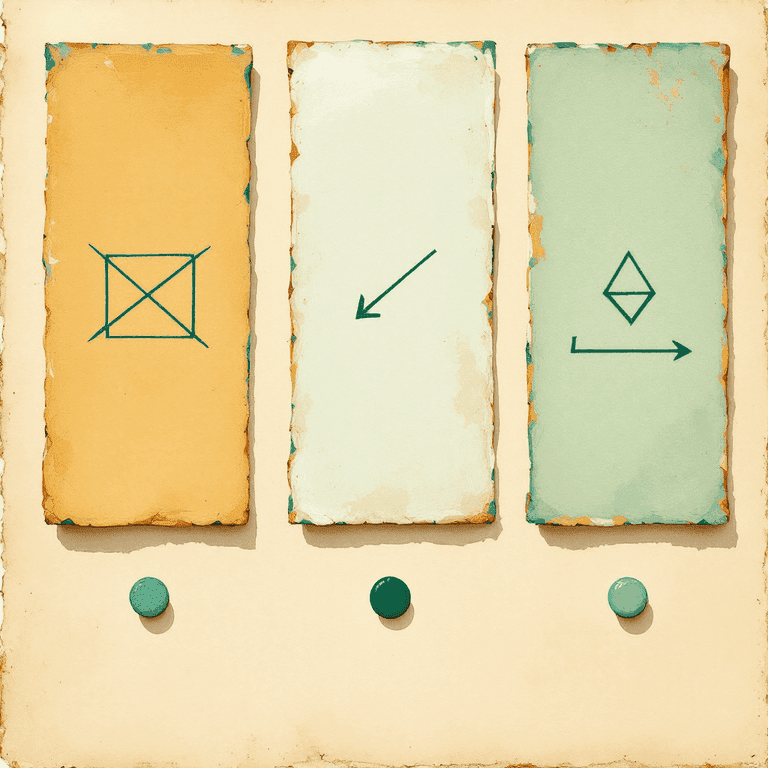 A painted classical triptych โ three connected painted panels side by side, each containing a different but visually similar small painted glyph or geometric symbol, the three panels connected by soft painted arrows that all point downward to a single common painted dot below. Warm parchment tones, classical-scholarly aesthetic, no text or letters.