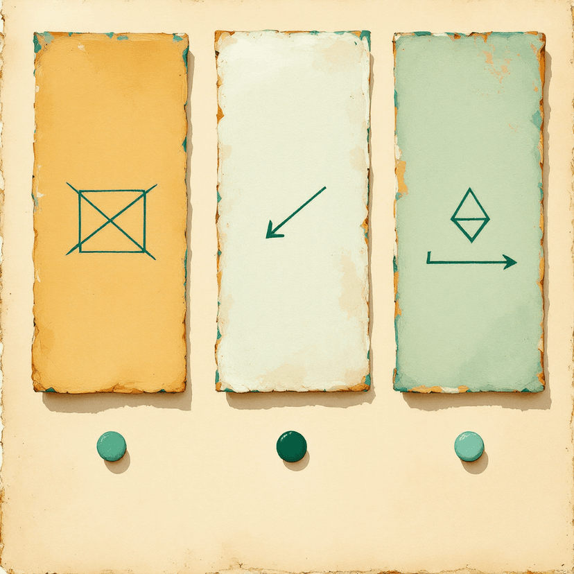 A painted classical triptych โ three connected painted panels side by side, each containing a different but visually similar small painted glyph or geometric symbol, the three panels connected by soft painted arrows that all point downward to a single common painted dot below. Warm parchment tones, classical-scholarly aesthetic, no text or letters.