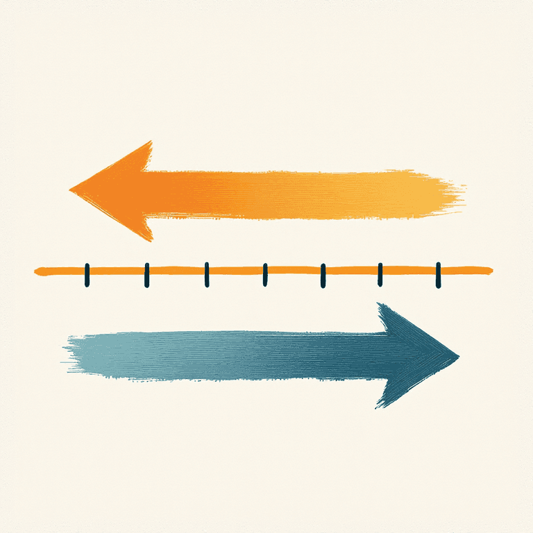 A horizontal stone-colored painted number line with evenly spaced tick marks, two distinct painted arrows hovering above it โ one solid warm amber arrow pointing right toward the positive direction, one cool slate-blue arrow pointing left toward the negative direction. Painterly soft edges, ivory background, no text or labels.