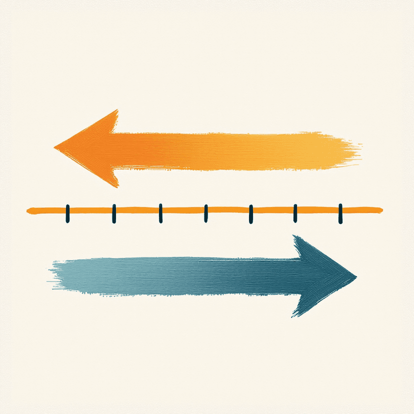 A horizontal stone-colored painted number line with evenly spaced tick marks, two distinct painted arrows hovering above it โ one solid warm amber arrow pointing right toward the positive direction, one cool slate-blue arrow pointing left toward the negative direction. Painterly soft edges, ivory background, no text or labels.