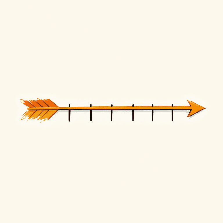 A horizontal painted number line with evenly spaced tick marks, two amber arrows of different lengths hovering above the line — one shorter arrow and one longer arrow, both pointing toward different specific tick positions, the two arrows visually paired and suggesting addition. Painterly soft edges, ivory background, no text or numbers.