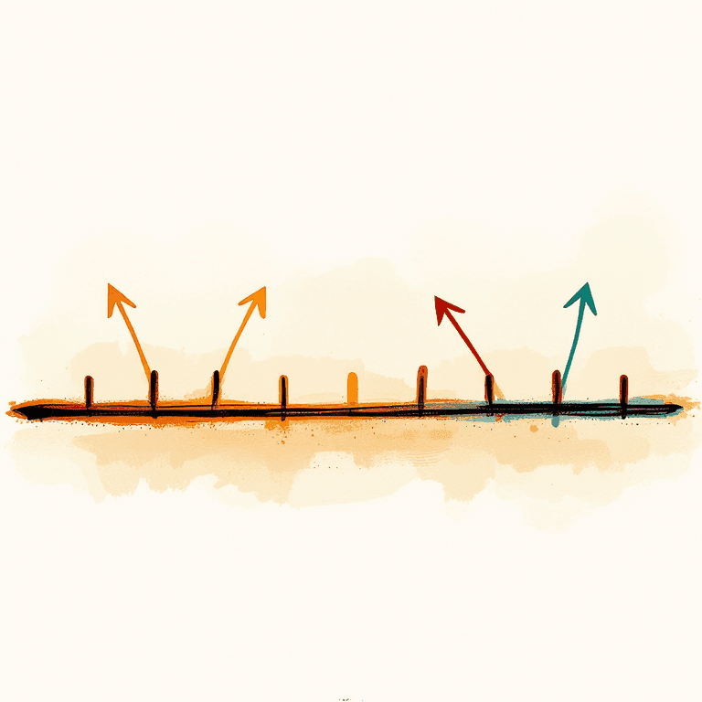 A horizontal painted number line with a single tick mark in the middle drawn larger than the others, and two soft painted arrows hovering above it โ one approaching the central larger tick from the left side, the other approaching from the right side, both pointing inward toward the same central tick. Warm painterly aesthetic, ivory background, no text or numbers.