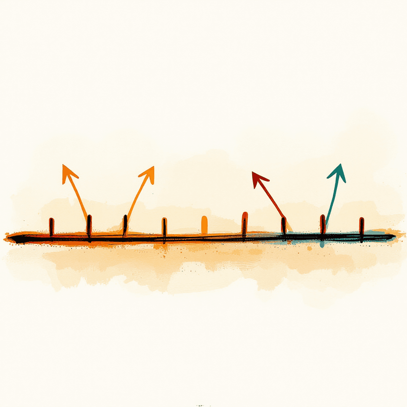 A horizontal painted number line with a single tick mark in the middle drawn larger than the others, and two soft painted arrows hovering above it โ one approaching the central larger tick from the left side, the other approaching from the right side, both pointing inward toward the same central tick. Warm painterly aesthetic, ivory background, no text or numbers.