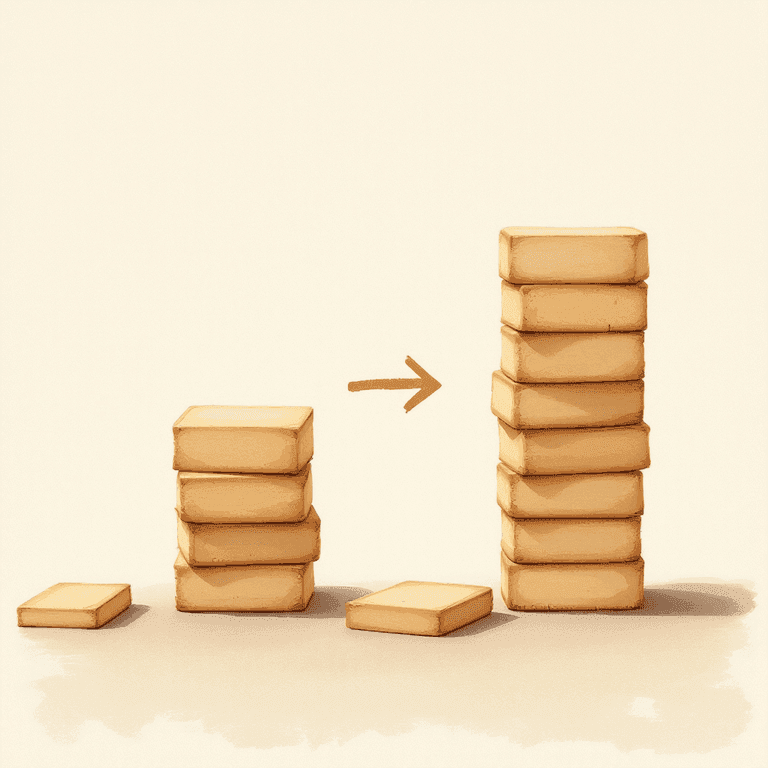 A painted illustration of two stacks of small wooden blocks of clearly different heights — a short stack on the left and a much taller stack on the right — with a soft painted arrow between them showing the tall stack being broken down into ten smaller stacks each the same size as the short one. Warm scholarly tones, classical-education aesthetic, no text or numbers.