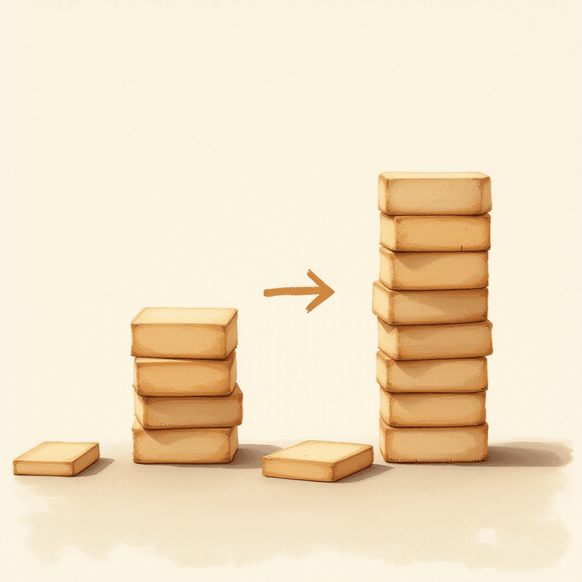 A painted illustration of two stacks of small wooden blocks of clearly different heights — a short stack on the left and a much taller stack on the right — with a soft painted arrow between them showing the tall stack being broken down into ten smaller stacks each the same size as the short one. Warm scholarly tones, classical-education aesthetic, no text or numbers.