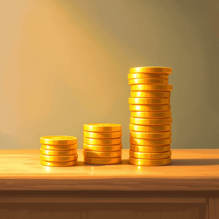 A painted illustration of three vertical stacks of small smooth round golden coins on a polished wooden surface — two equal-height coin stacks on the left and middle, and to the right a single combined stack visibly twice as tall as either of the originals. Soft amber lamplight, painterly brushwork, classical-treasury aesthetic, the coins are completely smooth with no markings or engraving of any kind, NO numbers or text or symbols on the coins or the wood.