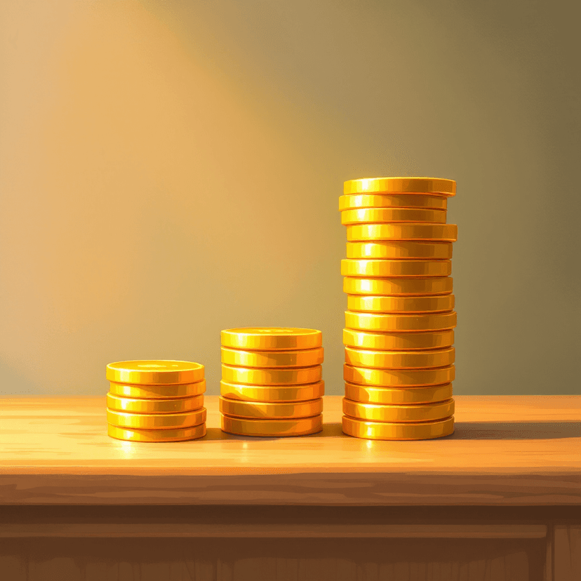 A painted illustration of three vertical stacks of small smooth round golden coins on a polished wooden surface — two equal-height coin stacks on the left and middle, and to the right a single combined stack visibly twice as tall as either of the originals. Soft amber lamplight, painterly brushwork, classical-treasury aesthetic, the coins are completely smooth with no markings or engraving of any kind, NO numbers or text or symbols on the coins or the wood.