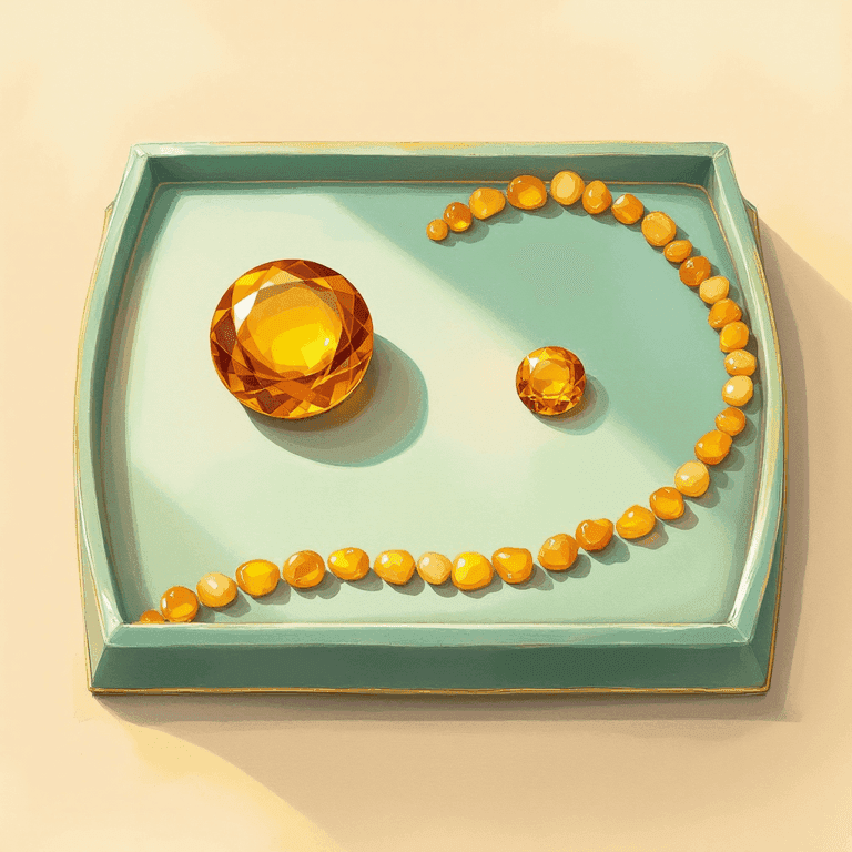 A painted illustration of a classical jeweler's velvet display tray — on the left a single very large polished round amber gemstone, on the right a slightly smaller amber gemstone of the same color paired with a row of many tiny amber pebbles arrayed in a curving line beside it (the smaller gem and the row of pebbles together visually equalling the large gem). Painterly soft edges, warm amber lamplight, classical jeweler aesthetic, NO numbers or text or markings of any kind.