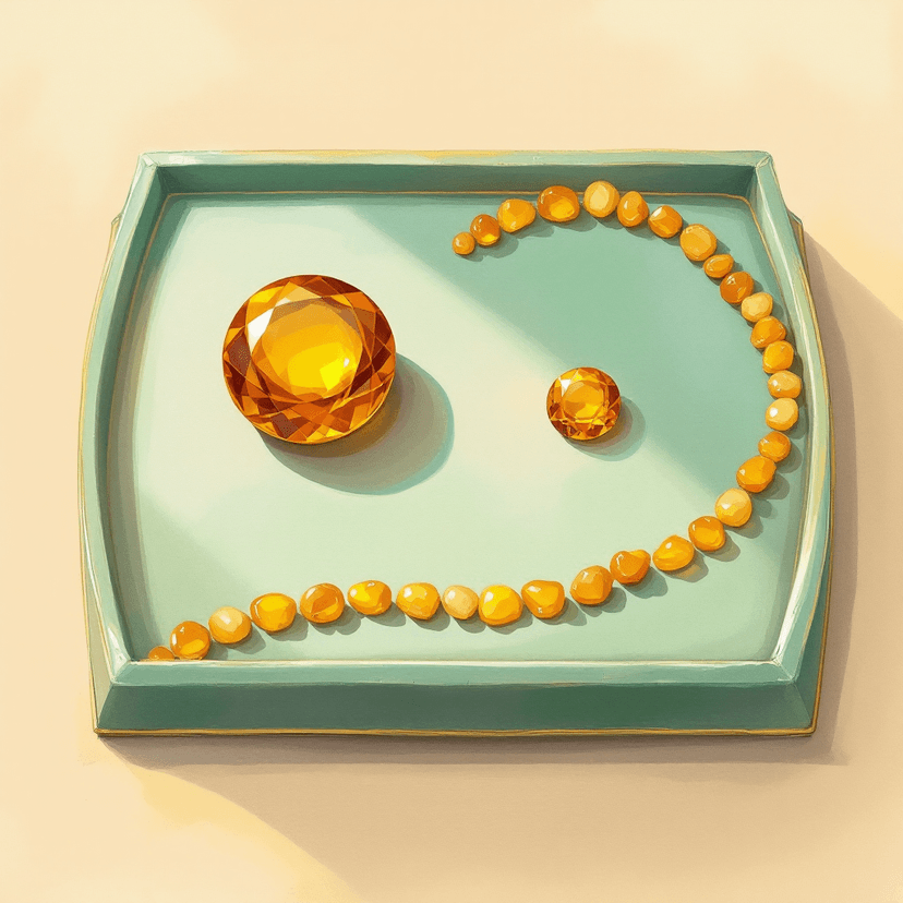 A painted illustration of a classical jeweler's velvet display tray — on the left a single very large polished round amber gemstone, on the right a slightly smaller amber gemstone of the same color paired with a row of many tiny amber pebbles arrayed in a curving line beside it (the smaller gem and the row of pebbles together visually equalling the large gem). Painterly soft edges, warm amber lamplight, classical jeweler aesthetic, NO numbers or text or markings of any kind.
