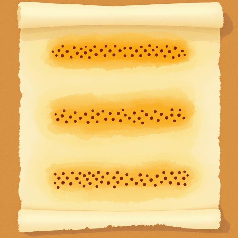 A painted illustration on parchment of three softly-painted horizontal rows stacked vertically on a single page, each row showing the same simple cluster of small dots arranged in slightly different visual patterns to suggest three equivalent forms of the same quantity. Warm scholarly tones, classical-education aesthetic, no text or numbers.