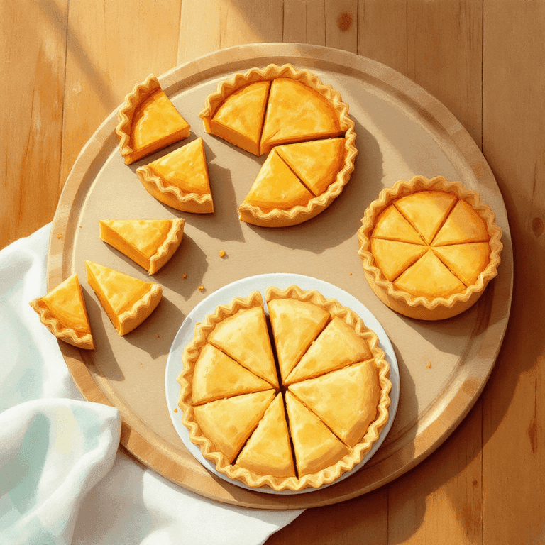 A painted illustration of three differently-sized round pies on a wooden cutting board — one cut into three slices, one into five slices, one into four — being recut into many equal smaller wedges all the same size, then arranged together on a single larger painted plate. Warm wooden tones, soft painterly edges, classical-education aesthetic, no text or numbers.
