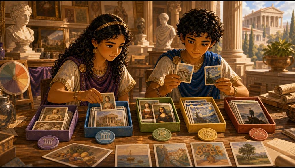 Classical fine arts study table with music and artwork cards