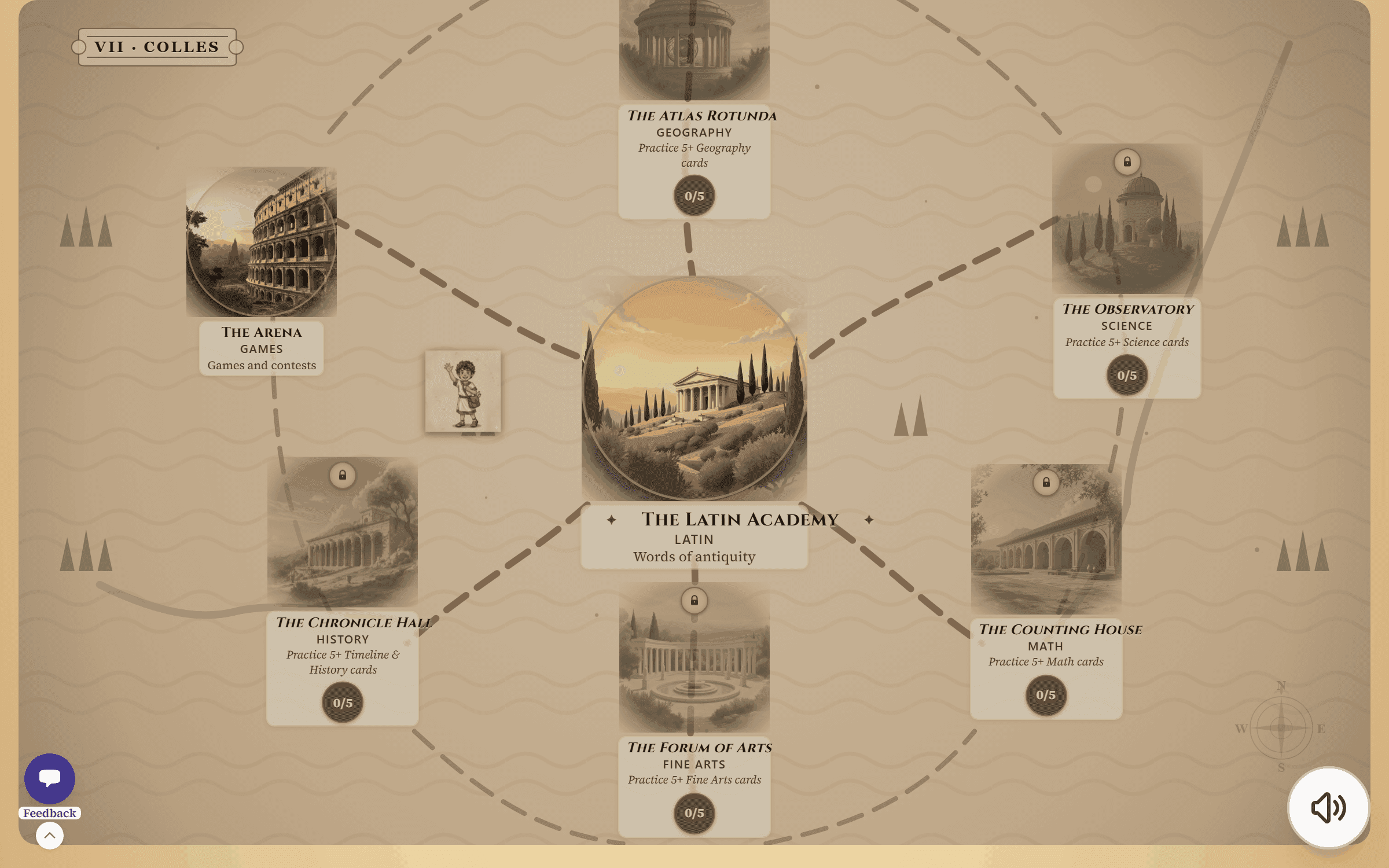 Classical Quest kingdom screen — seven painted hills with the Latin Academy, Observatory, and Arena visible. Top banner reads 'Tommy's Rome' with a 2/7 buildings open progress bar.