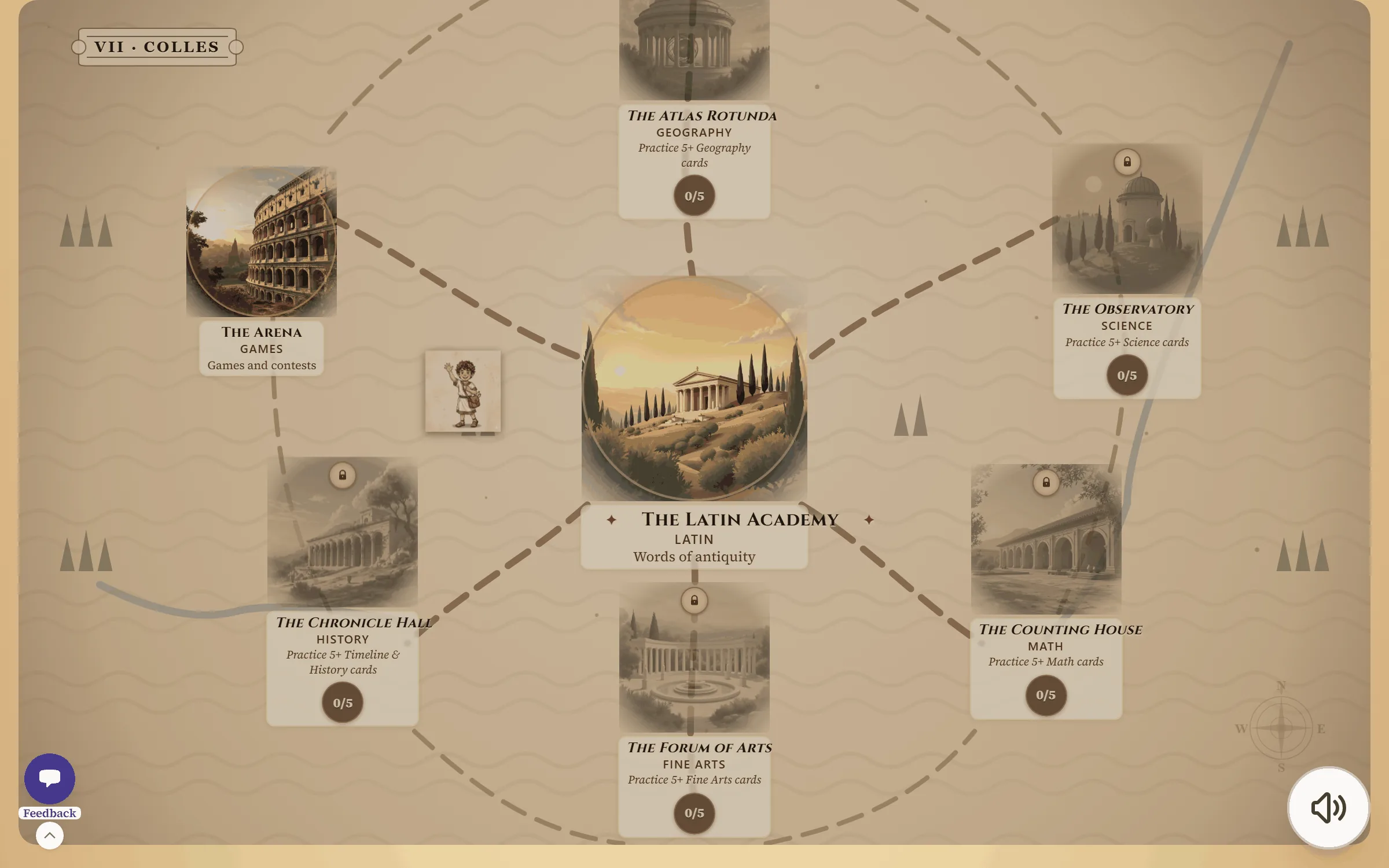 Classical Quest kingdom map showing subject areas and student progress.