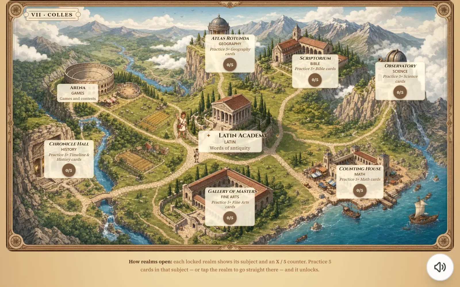 Classical Quest student kingdom map showing subject hills and progress.