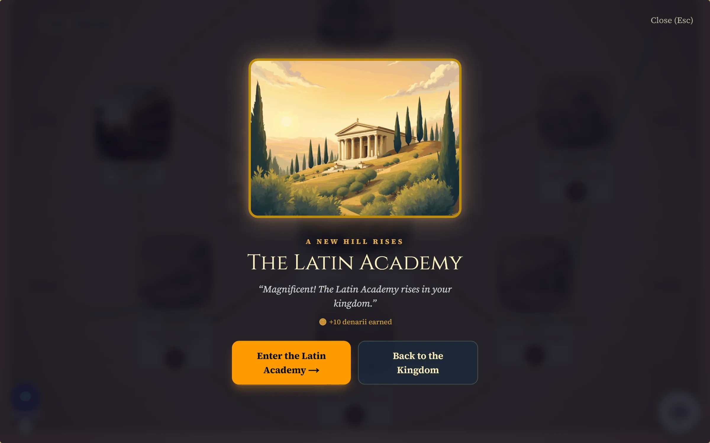 Full-screen 'A New Hill Rises' moment showing the illustrated Latin Academy with a Marcus voice-line caption 'Magnificent! The Latin Academy rises in your kingdom.' and an Enter the Latin Academy button.
