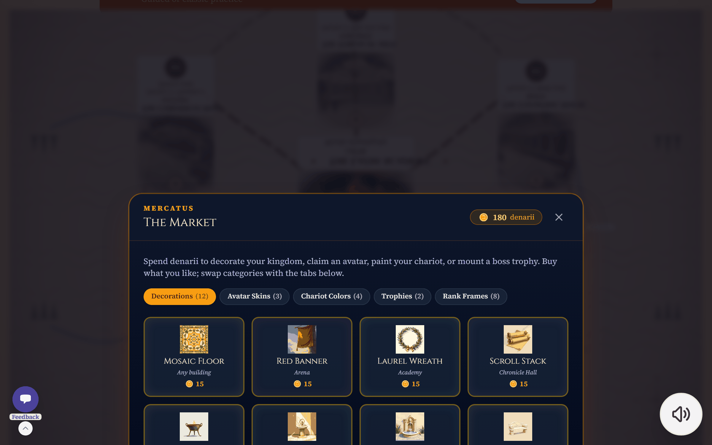 The Market modal inside the kingdom — twelve painted cosmetic items across three price tiers, with a Mercatus heading and 180 denarii balance.