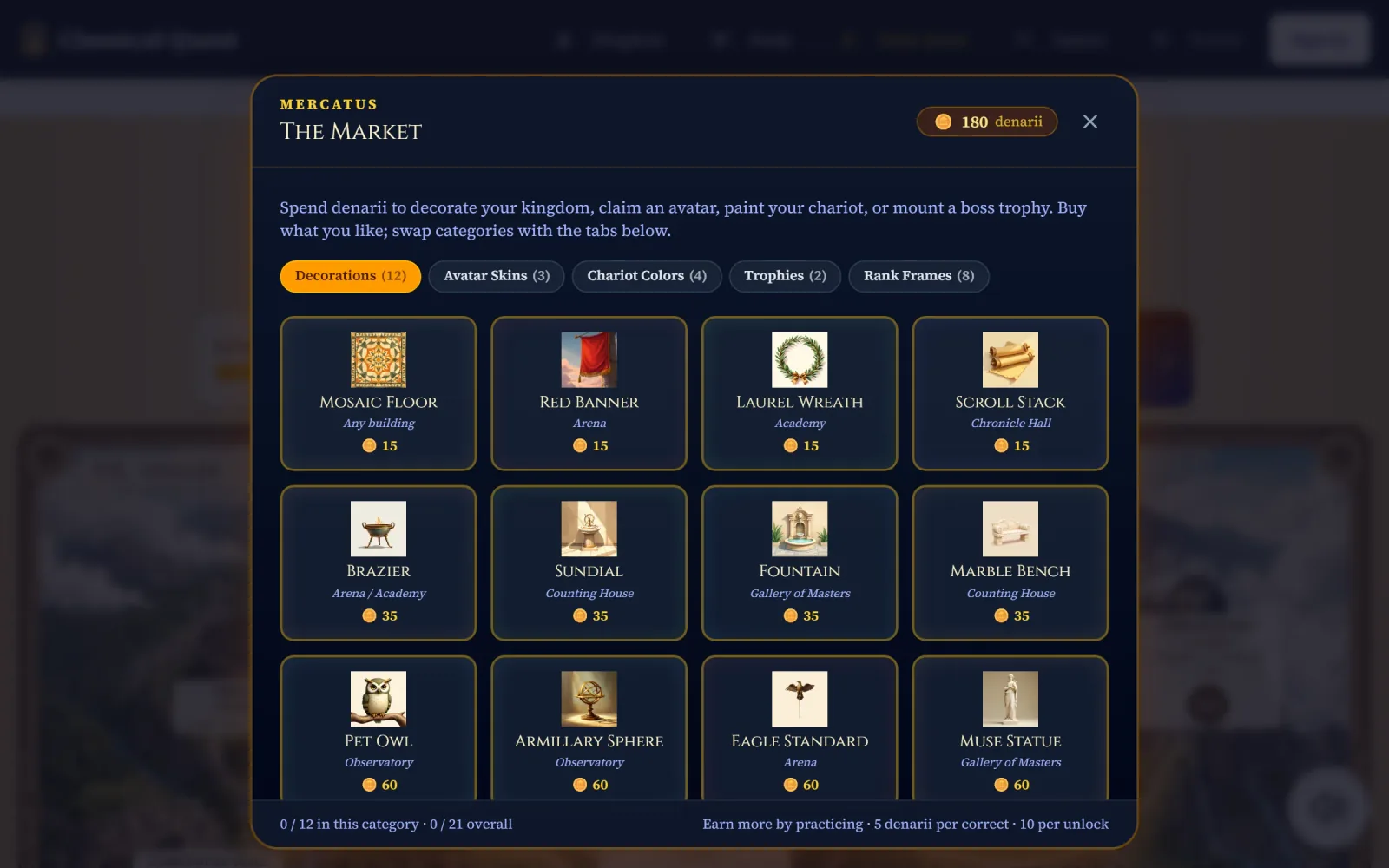 The Market modal inside the kingdom — twelve illustrated cosmetic items across three price tiers, with a Mercatus heading and 180 denarii balance.