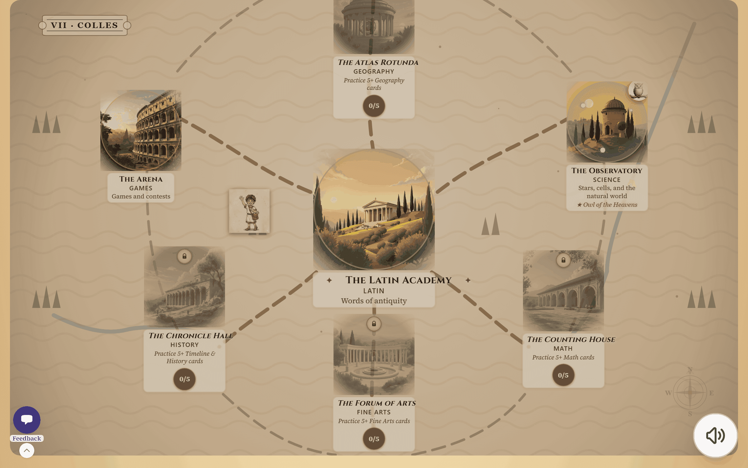 Kingdom map with the Pet Owl cosmetic equipped on the Observatory hill — a glowing round overlay in the corner of the Observatory tile with a golden halo.
