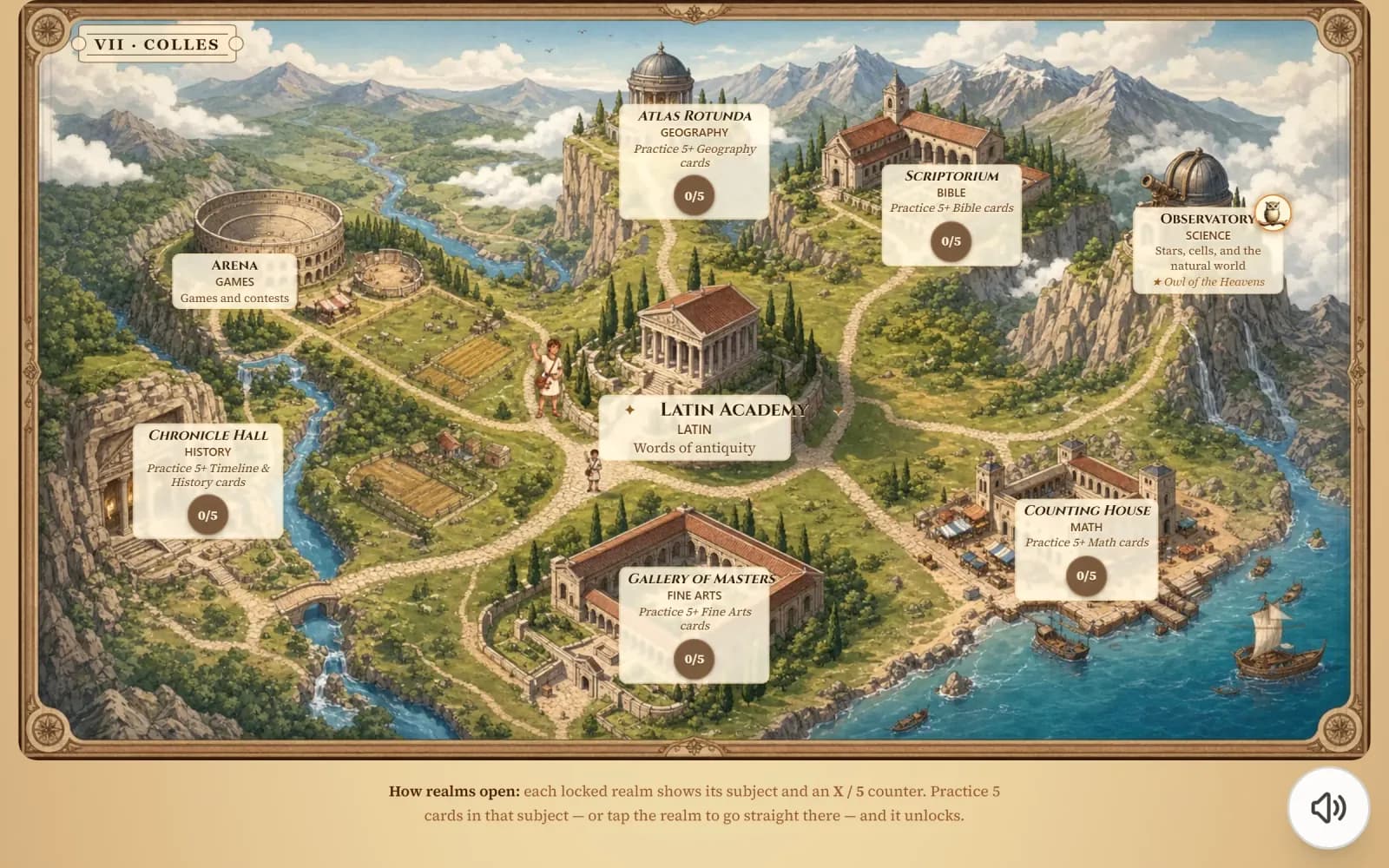 Kingdom map with the Pet Owl cosmetic equipped on the Observatory hill — a glowing round overlay in the corner of the Observatory tile with a golden halo.