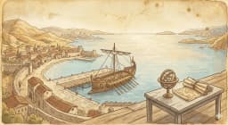 A harbor at dawn with sailing ships and a compass rose